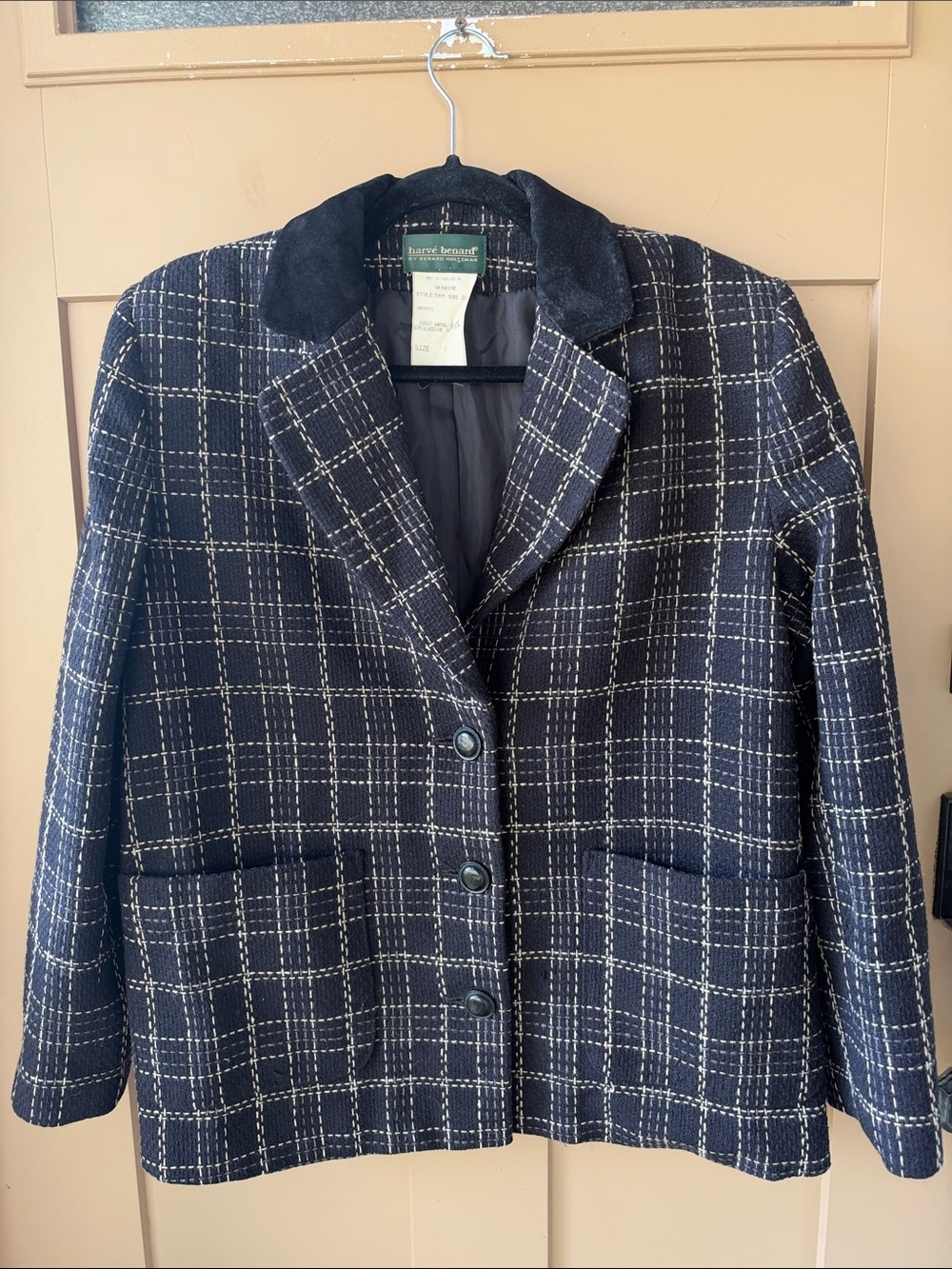 Harve Benard 8 Black Cream Plaid Wool-Blend Jacket Suede Trim Old Money